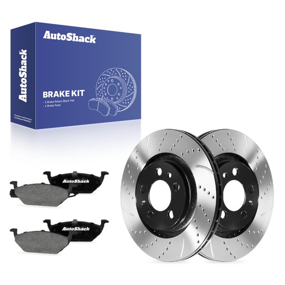 AutoShack Front Vented Drilled & Slotted E-Coated Brake Rotors + Ceramic Pads 6-PC Brake Kit Replacement for 2000-2010 Volkswagen Jetta 2000-2010 Volkswagen Beetle ShadowGuard 11.02" (280 mm)