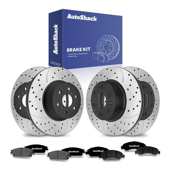 AutoShack Front & Rear Drilled & Slotted Brake Rotors Ceramic Brake Pads | Replacement for Chevrolet Silverado 1500 Tahoe Suburban 1500 GMC Sierra 1500 | E-Coated | 12-PC Brake Kit | ShadowGuard
