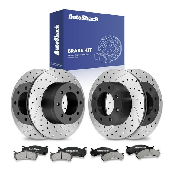 AutoShack Front & Rear Brake Rotors & Ceramic Pads for Chevrolet & Hummer, Silverado 2500 1999-2004 H2 2003-2009, 4WD RWD V8 5.3L 6.0L 6.2L - E-Coated Drilled & Slotted - ShadowGuard
