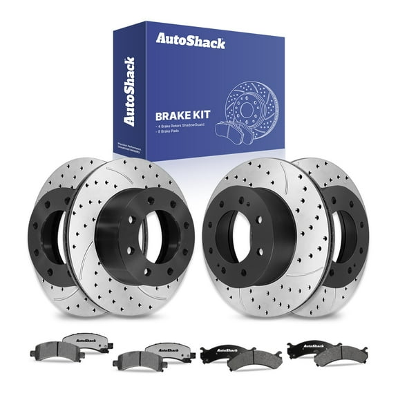 AutoShack Front & Rear Brake Rotors & Ceramic Pads for Chevrolet & GMC, Express 3500 2003-2017 Savana 3500 2003-2017, RWD L4 2.8L V8 4.8L 6.0L 6.6L - E-Coated Drilled & Slotted - ShadowGuard
