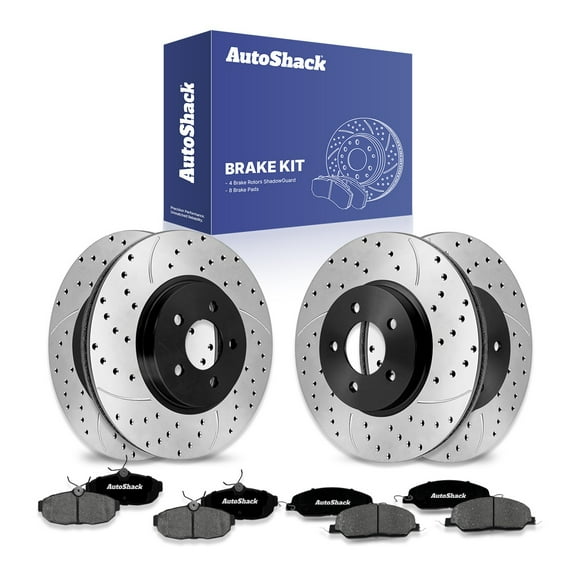 AutoShack Front Vented & Rear Vented Drilled & Slotted E-Coated Brake Rotors + Ceramic Pads 12-PC Brake Kit Replacement for 2005-2010 Ford Mustang ShadowGuard