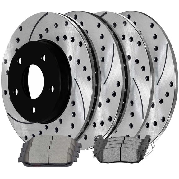 AutoShack Front & Rear Drilled & Slotted Brake Rotors Ceramic Brake Pads | Replacement for 2005-2010 Jeep Grand Cherokee 2006-2010 Commander V6 4WD AWD | E-Coated | 12-PC Brake Kit | ShadowGuard