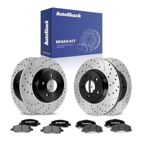 AutoShack Front & Rear Drilled & Slotted Brake Rotors Ceramic Brake Pads | Replacement for 2006-2011 Buick Lucerne 3.8L 3.9L V6 FWD | E-Coated | 12-PC Brake Kit | ShadowGuard