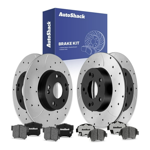 AutoShack Front Vented & Rear Solid Drilled & Slotted E-Coated Brake Rotors + Ceramic Pads 12-PC Brake Kit Replacement for 2015 Acura ILX ShadowGuard
