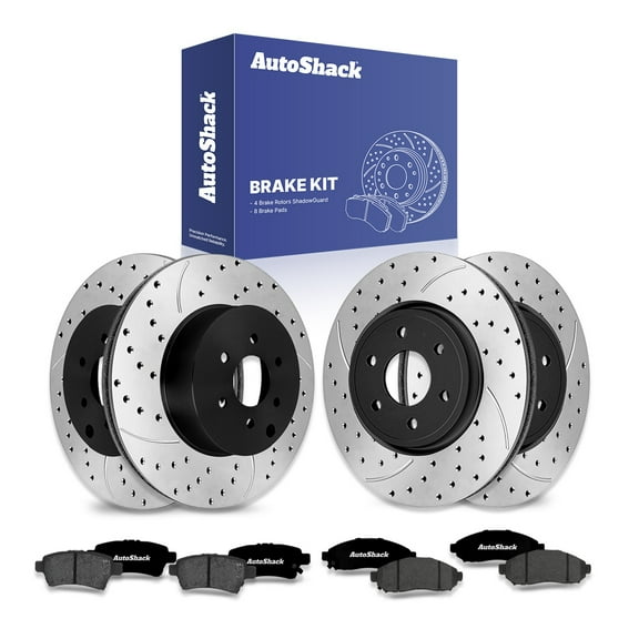 AutoShack Front & Rear Drilled & Slotted Brake Rotors Ceramic Brake Pads | Replacement for Suzuki Equator 2005-2024 Nissan Frontier 2008-2015 Xterra V6 | E-Coated | 12-PC Brake Kit | ShadowGuard