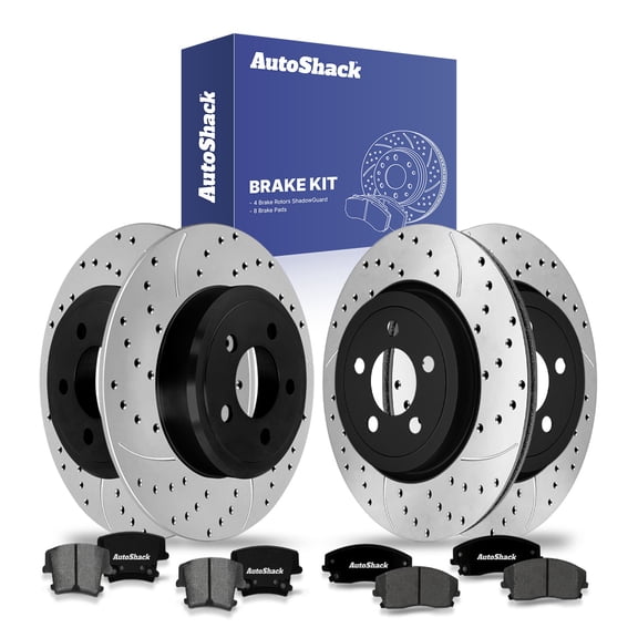 AutoShack Front & Rear Brake Rotors & Ceramic Pads for Dodge, Charger 2010, 2012-2013, 2023 Challenger 2012-2013, 2022, RWD V6 3.5L 3.6L - E-Coated Drilled & Slotted - ShadowGuard
