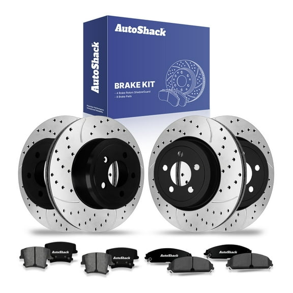 AutoShack Front & Rear Brake Rotors & Ceramic Pads for Dodge & Chrysler, Charger 2006-2014 300 2005-2014 Challenger 2009-2014, AWD RWD V6 3.5L 3.6L V8 5.7L - E-Coated Drilled & Slotted - ShadowGuard
