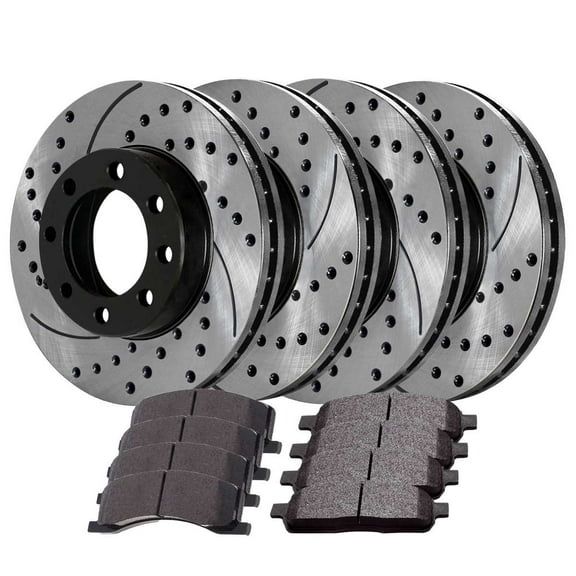 AutoShack Front & Rear Drilled & Slotted Brake Rotors Ceramic Brake Pads | Replacement for Ford Excursion 1999-2004 F-250 Super Duty F-350 Super Duty | E-Coated | 12-PC Brake Kit | ShadowGuard