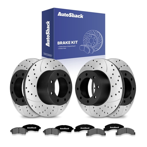 AutoShack Front & Rear Brake Rotors & Ceramic Pads for Ford, F-250 Super Duty 1999-2004 F-350 Super Duty 2000-2001, 4WD V8 5.4L 6.0L 7.3L V10 6.8L - E-Coated Drilled & Slotted - ShadowGuard