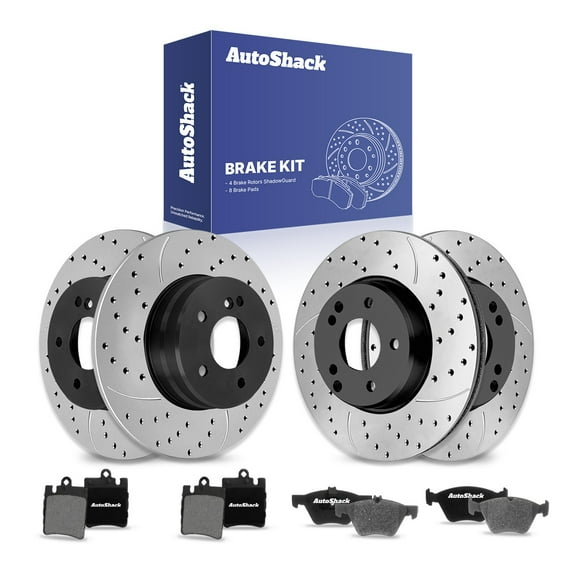 AutoShack Front & Rear Brake Rotors & Ceramic Pads for Mercedes-Benz, E320 1996-2002 CLK320 2000-2003 E430 1998-2002, RWD L6 3.2L V6 3.2L V8 4.3L - E-Coated Drilled & Slotted - ShadowGuard