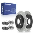 thumbnail image 1 of AutoShack Rear Brake Kit Replacement for 1994-2004 Ford Mustang V6 RWD Drilled & Slotted E-Coated Disc Brake Rotors Black Ceramic Brakes Pads 10.51" 267 mm SCDPR6401964019627, 1 of 6