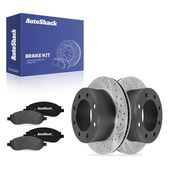 AutoShack Rear Vented Drilled & Slotted E-Coated Brake Rotors + Ceramic Pads 6-PC Brake Kit Replacement for 2005-2007 Ford F-250 Super Duty 2005-2007 Ford F-350 Super Duty ShadowGuard 13.39" (340 mm)