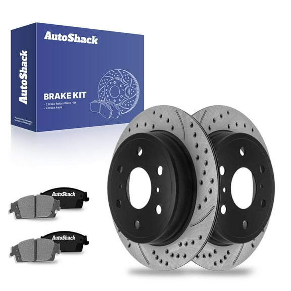 AutoShack 13.57" (344.7 mm) Rear Vented Drilled & Slotted Brake Rotors E-Coated + Ceramic Brake Pads | Replacement for 2014-2018 Chevrolet Silverado 1500 | 6-PC Brake Kit | ShadowGuard