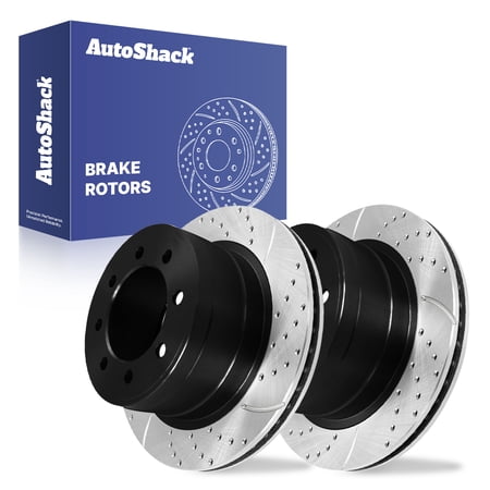 AutoShack Rear Brake Rotors for Dodge, Ram 2500 2003-2008 Ram 1500 2006-2008, 4WD RWD L6 5.9L 6.7L V6 3.7L V8 4.7L 5.7L V10 8.0L - E-Coated Drilled & Slotted - ShadowGuard - 13.85" (351.7 mm), 8-Lug