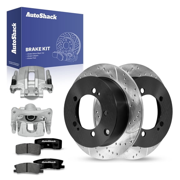 AutoShack Rear Drilled & Slotted Brake Rotors Premium Ceramic Brake Pads Calipers | Replacement for 2009-2011 Mitsubishi Outlander 2.4L AWD FWD | E-Coated | 8-PC Brake Kit | ShadowGuard