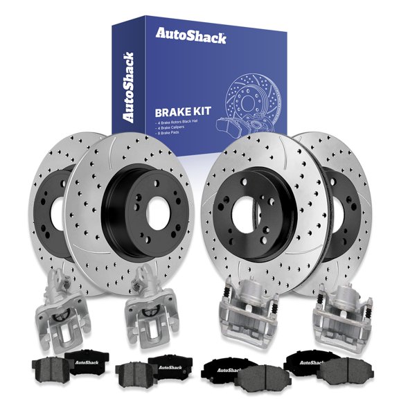 AutoShack Front Vented & Rear Solid Drilled & Slotted E-Coated Brake Rotors + Premium Ceramic Pads + Calipers 16-PC Brake Kit Replacement for 2015 Honda Civic ShadowGuard