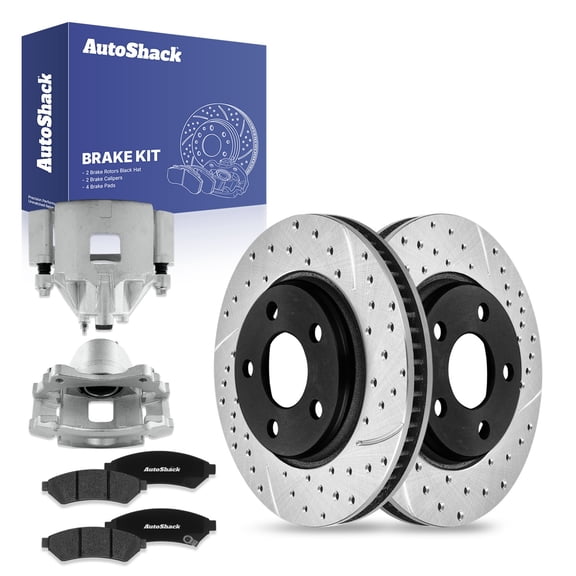 AutoShack Front Drilled & Slotted Brake Rotors Premium Ceramic Brake Pads Calipers | Replacement for Buick LaCrosse Allure Terraza Pontiac Grand Prix V6 | E-Coated | 8-PC Brake Kit | ShadowGuard
