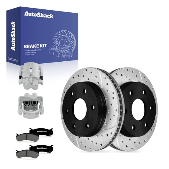 AutoShack Front Brake Rotors, Premium Pads & Calipers for Chevrolet, Silverado 1500 1999-2006 - E-Coated Drilled & Slotted - ShadowGuard - 11.99" (304.6 mm), 6-Lug