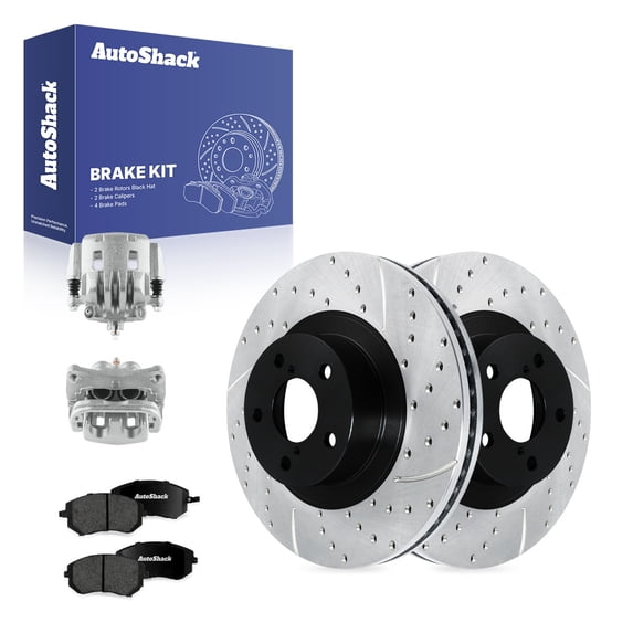 AutoShack Front Vented Drilled & Slotted E-Coated Brake Rotors + Premium Ceramic Pads + Calipers 8-PC Brake Kit Replacement for 2005-2012 Subaru Outback 2013 Subaru WRX ShadowGuard 11.55" (293.4 mm)