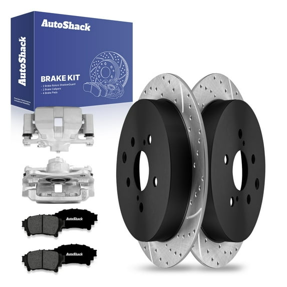 AutoShack Rear Drilled & Slotted Brake Rotors Premium Ceramic Brake Pads Calipers | Replacement for Toyota Highlander Sienna Lexus RX350 RX450h AWD FWD | E-Coated | 8-PC Brake Kit | ShadowGuard