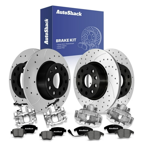 AutoShack Front & Rear Brake Rotors, Premium Pads & Calipers for Volkswagen, Beetle 2012-2013 Jetta 2010, FWD L4 2.0L L5 2.5L - E-Coated Drilled & Slotted - ShadowGuard
