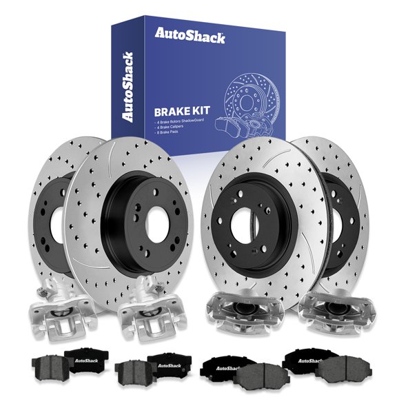 AutoShack Front Vented & Rear Solid Drilled & Slotted E-Coated Brake Rotors + Premium Ceramic Pads + Calipers 16-PC Brake Kit Replacement for 2015 Honda Civic ShadowGuard