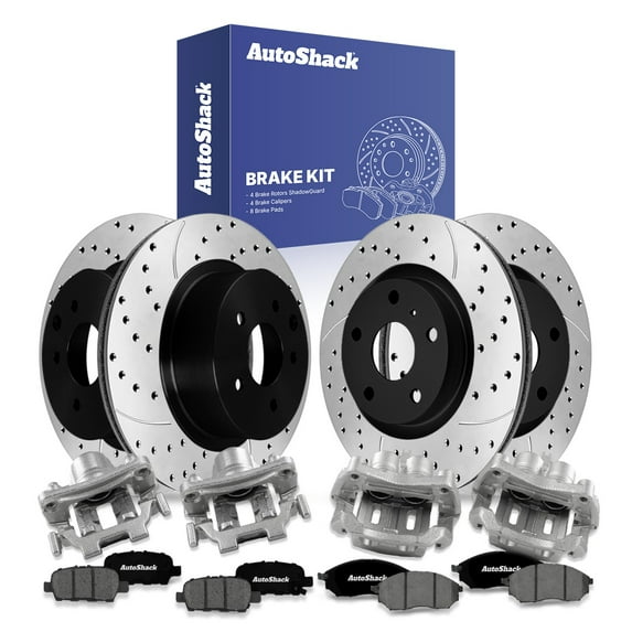 AutoShack Front & Rear Brake Rotors, Premium Pads & Calipers for INFINITI, EX35 2010-2012 QX50 2014-2015 EX37 2013, AWD RWD V6 3.5L 3.7L - E-Coated Drilled & Slotted - ShadowGuard