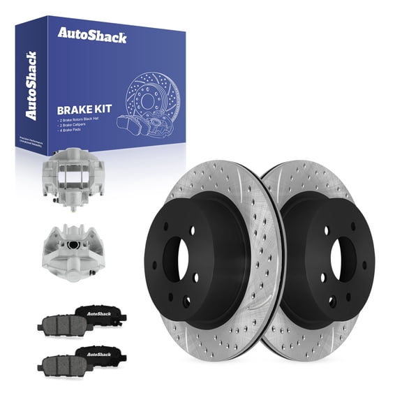 AutoShack Rear Brake Rotors, Premium Pads & Calipers for INFINITI & Nissan, G37 2011 370Z 2014, RWD V6 3.7L - E-Coated Drilled & Slotted - ShadowGuard - 12.11" (307.7 mm), 5-Lug
