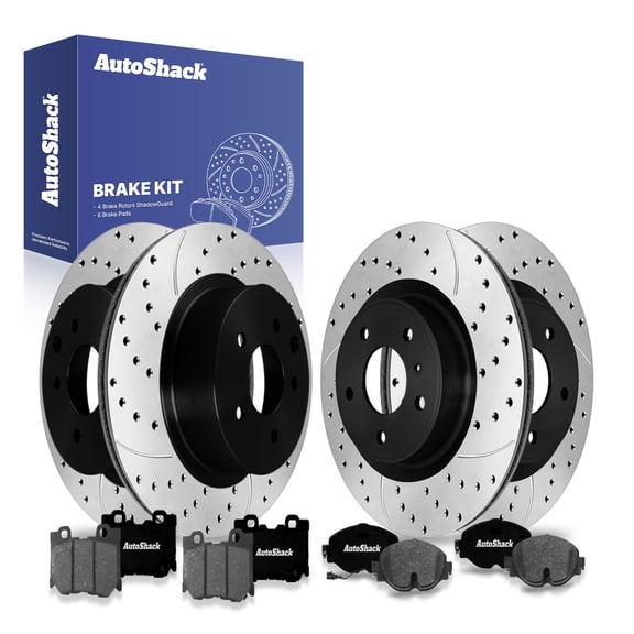 AutoShack Front & Rear Brake Rotors & Premium Pads for Nissan, Z 2023, RWD V6 3.0L - E-Coated Drilled & Slotted - ShadowGuard