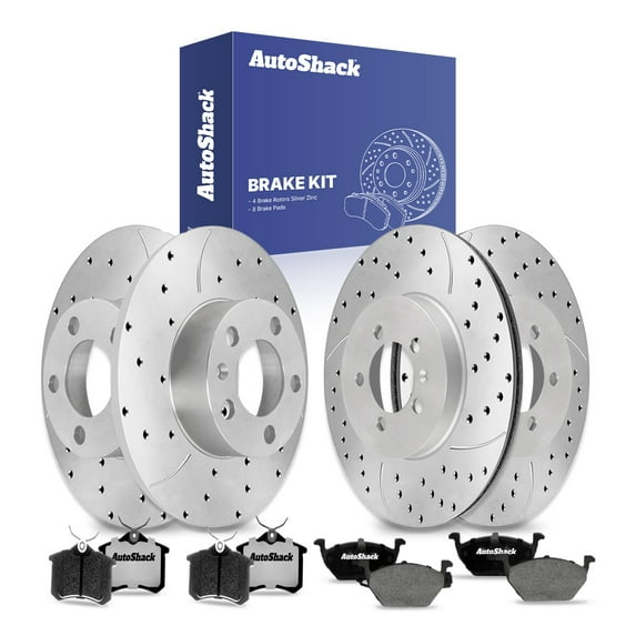 AutoShack Front & Rear Brake Rotors & Ceramic Pads for Volkswagen, Golf 2000-2001, FWD L4 1.9L 2.0L - Silver Zinc Coated Drilled & Slotted - SilverShield Pro