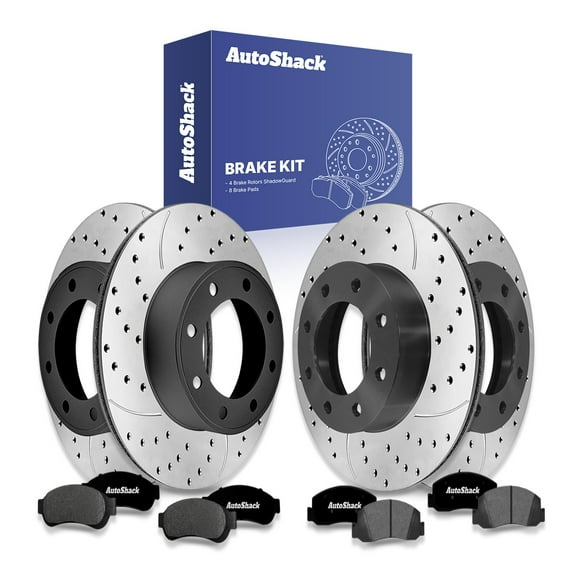 AutoShack Front & Rear Drilled & Slotted Brake Rotors Ceramic Brake Pads | Replacement for 2005-2007 Ford F-350 Super Duty 5.4L 6.0L 6.8L V8 4WD | E-Coated | 12-PC Brake Kit | ShadowGuard