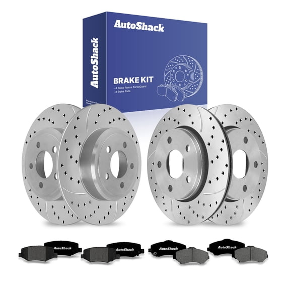 AutoShack Front Vented & Rear Solid Drilled & Slotted Coated Brake Rotors Silver Matte Finish + Premium Ceramic Pads 12-PC Brake Kit Replacement for 2007-2017 Jeep Wrangler TurboGuard