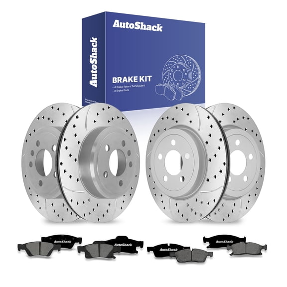 AutoShack Front Vented & Rear Vented Drilled & Slotted Coated Brake Rotors Silver Matte Finish + Premium Ceramic Pads 12-PC Brake Kit Replacement for 2011-2017 Jeep Grand Cherokee TurboGuard