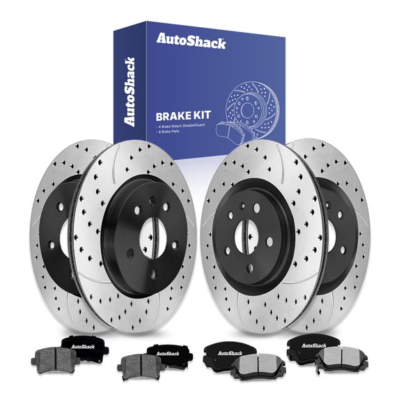 AutoShack Front & Rear Brake Rotors & Ceramic Pads for Buick, Regal 2012-2013, FWD L4 2.0L - E-Coated Drilled & Slotted - ShadowGuard