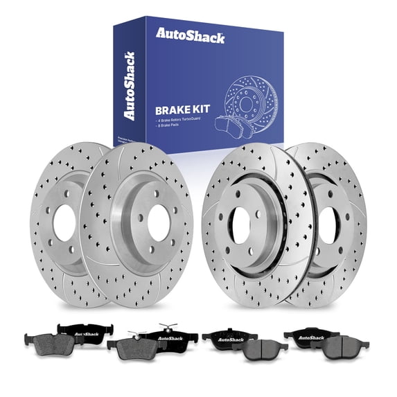 AutoShack Front & Rear Brake Rotors & Premium Pads for Mazda, 5 2006-2010, 2012-2017, FWD L4 2.3L 2.5L - Coated Drilled & Slotted - Silver Matte Finish - TurboGuard