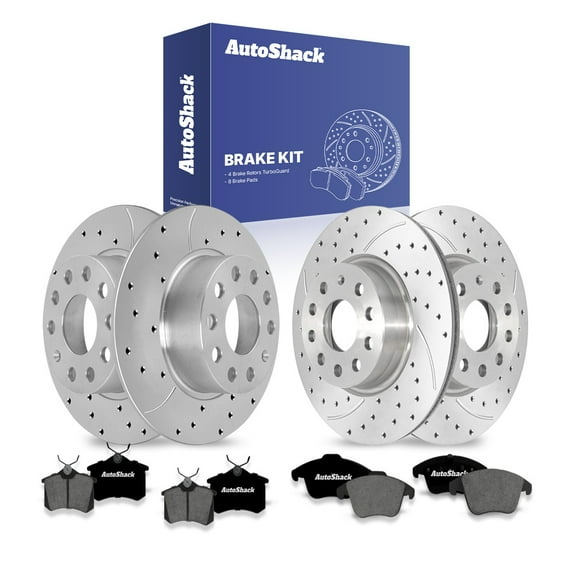 AutoShack Front & Rear Brake Rotors & Premium Pads for Volkswagen, Jetta 2015-2018 Beetle 2014-2016, 2018, FWD L4 1.4L 1.8L 2.0L - Coated Drilled & Slotted - Silver Matte Finish - TurboGuard