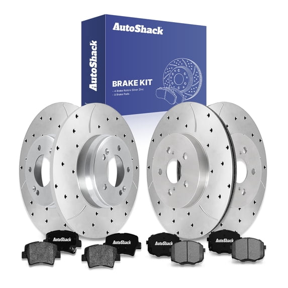AutoShack Front & Rear Brake Rotors & Ceramic Pads for Kia, Soul 2014-2016, FWD L4 1.6L 2.0L - Silver Zinc Coated Drilled & Slotted - SilverShield Pro