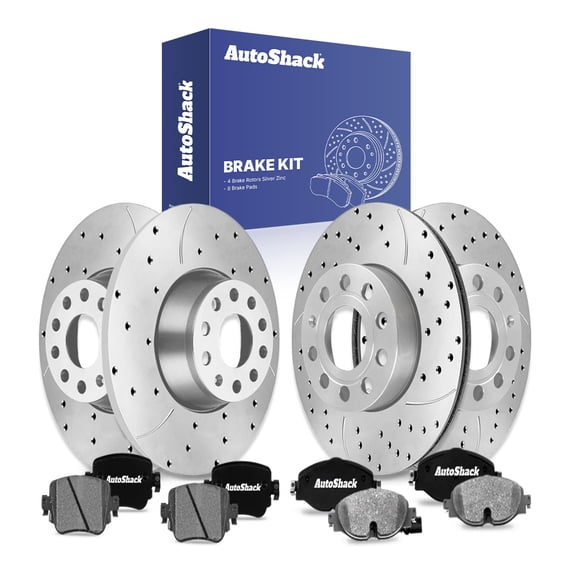AutoShack Front & Rear Brake Rotors & Ceramic Pads for Volkswagen, Golf 2015-2018 Golf SportWagen 2016-2019, FWD AWD L4 1.4L 1.8L 2.0L - Silver Zinc Coated Drilled & Slotted - SilverShield Pro