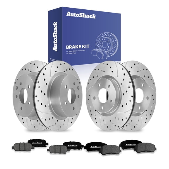 AutoShack Front & Rear Brake Rotors & Premium Pads for Nissan, Maxima 2009-2014, 2016-2020, FWD V6 3.5L - Coated Drilled & Slotted - Silver Matte Finish - TurboGuard