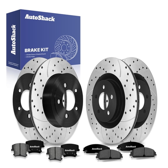 AutoShack Front & Rear Brake Rotors & Premium Pads for Dodge & Chrysler, Charger 2021 Challenger 2022 300 2023, AWD RWD V6 3.6L V8 5.7L - E-Coated Drilled & Slotted - ShadowGuard