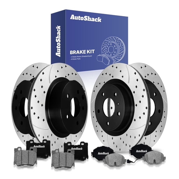 AutoShack Front & Rear Brake Rotors & Ceramic Pads for Nissan, Z 2023, RWD V6 3.0L - E-Coated Drilled & Slotted - ShadowGuard