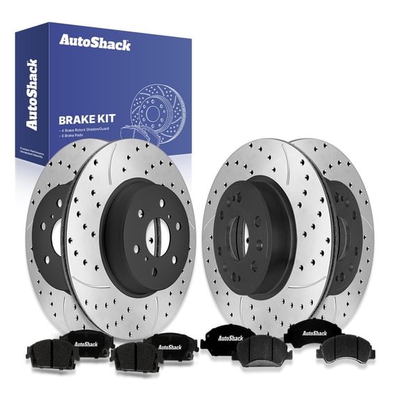 AutoShack Front & Rear Brake Rotors & Premium Pads for Chevrolet & GMC, Silverado 1500 2014-2018 Sierra 1500 2014-2018, 4WD RWD V6 4.3L V8 5.3L 6.2L - E-Coated Drilled & Slotted - ShadowGuard