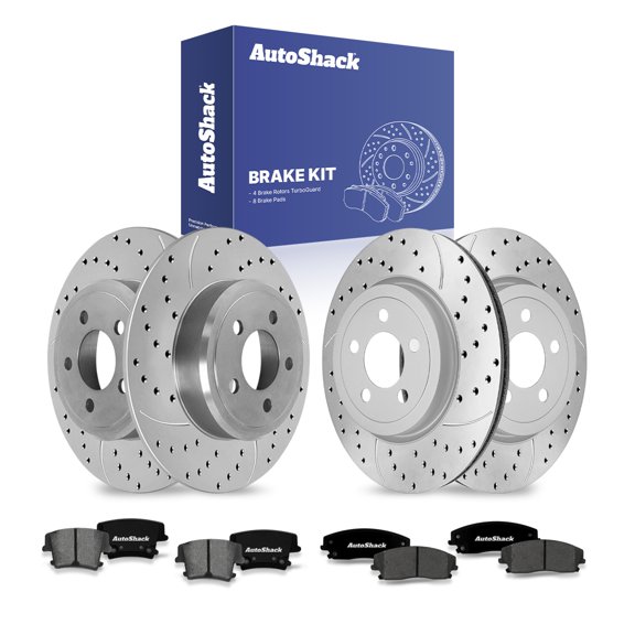 AutoShack Front & Rear Brake Rotors & Premium Pads for Dodge, Charger 2010, 2012-2013, 2023 Challenger 2012-2013, 2022, RWD V6 3.5L 3.6L - Coated Drilled & Slotted - Silver Matte Finish - TurboGuard