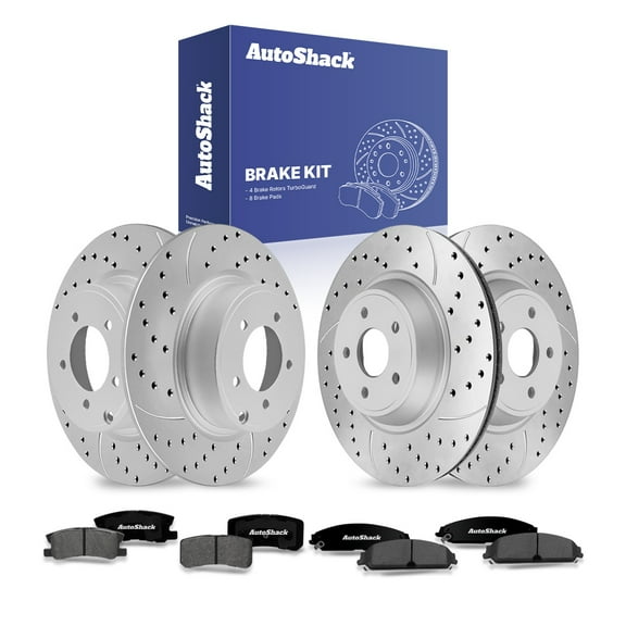 AutoShack Front & Rear Brake Rotors & Premium Pads for Chrysler & Dodge, 200 2013-2014 Avenger 2013, FWD L4 2.4L V6 3.6L - Coated Drilled & Slotted - Silver Matte Finish - TurboGuard