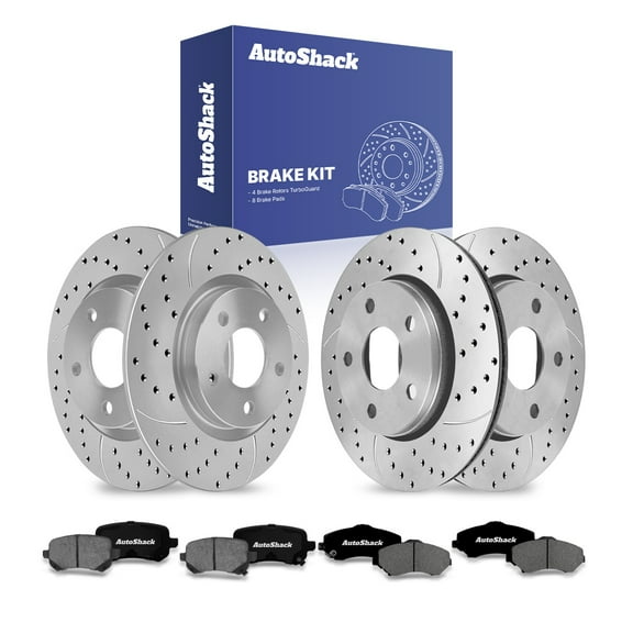 AutoShack Front & Rear Brake Rotors & Premium Pads for Chrysler, Town & Country 2010, FWD V6 3.3L 3.8L 4.0L - Coated Drilled & Slotted - Silver Matte Finish - TurboGuard