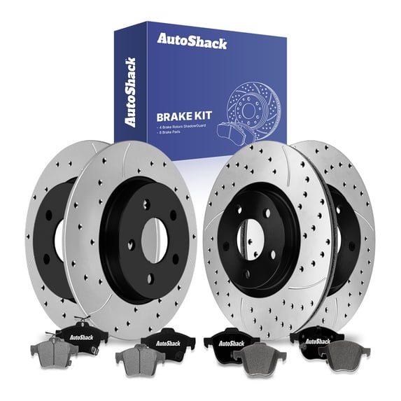 AutoShack Front & Rear Brake Rotors & Ceramic Pads for Ford, Focus 2012-2018, FWD - E-Coated Drilled & Slotted - ShadowGuard