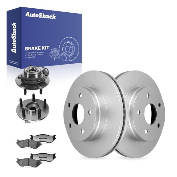 AutoShack Front Brake Rotors, Ceramic Pads & Hub Bearing Assemblies for Dodge, Ram 1500 2002-2005, 4WD RWD V6 3.7L V8 4.7L 5.7L 5.9L - Coated - ArmorStop - 13.22" (335.9 mm), 5-Lug