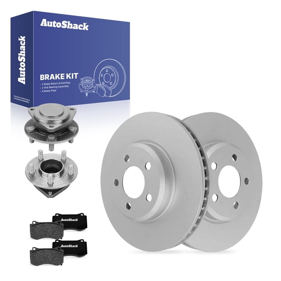 AutoShack Front Vented Coated Brake Rotors + Ceramic Brake Pads + Hub Bearing Assembly 8-PC Brake Kit Replacement for 2017-2019 Dodge Charger 2018 Dodge Challenger ArmorStop 13.58" (345 mm)