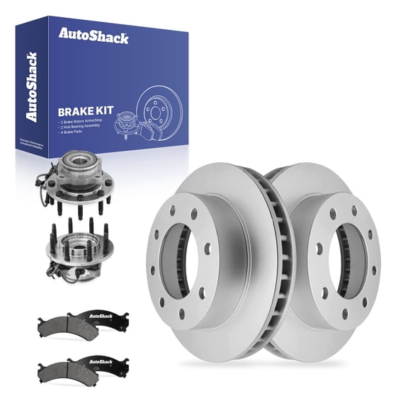 AutoShack Front Brake Rotors, Ceramic Pads & Hub Bearing Assemblies for Chevrolet & Hummer, Silverado 2500 1999-2004 H2 2003-2007, 4WD V8 5.3L 6.0L - Coated - ArmorStop - 12.78" (324.7 mm), 8-Lug