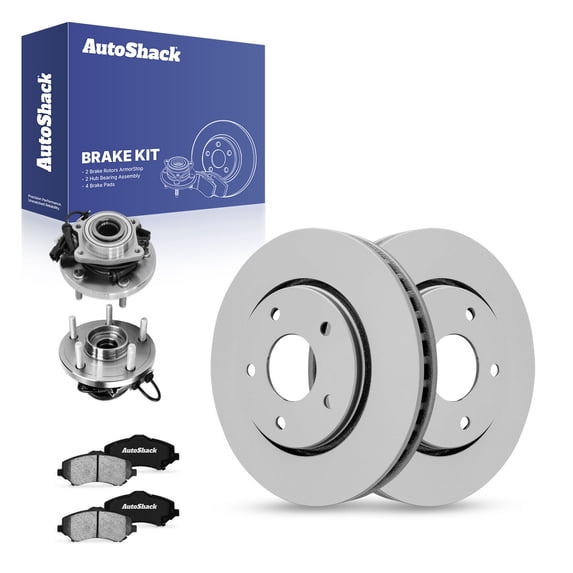 AutoShack Front Vented Coated Brake Rotors + Ceramic Brake Pads + Hub Bearing Assembly 8-PC Brake Kit Replacement for 2008-2011 Dodge Grand Caravan ArmorStop 11.89" (302 mm)